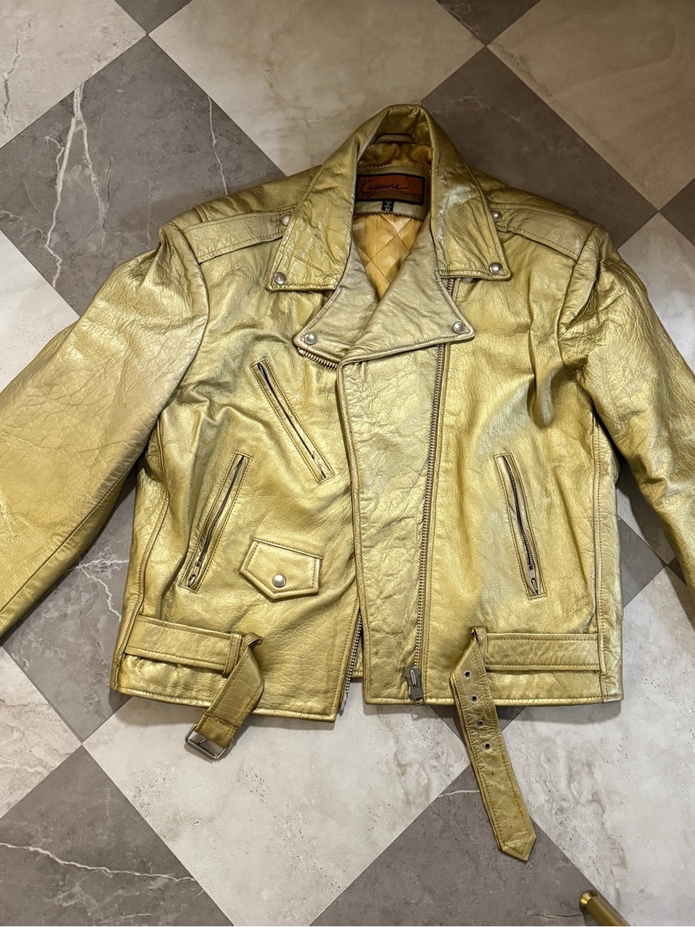 Metallic Gold Leather Biker Jacket - Women's